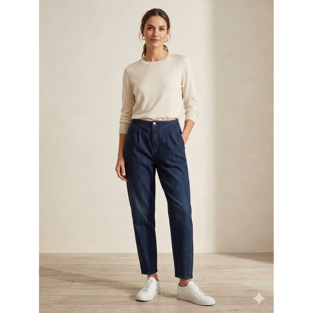 Eileen Fisher Organic Cotton Pleated Lantern Denim Pants Dark Wash Indigo 14‎